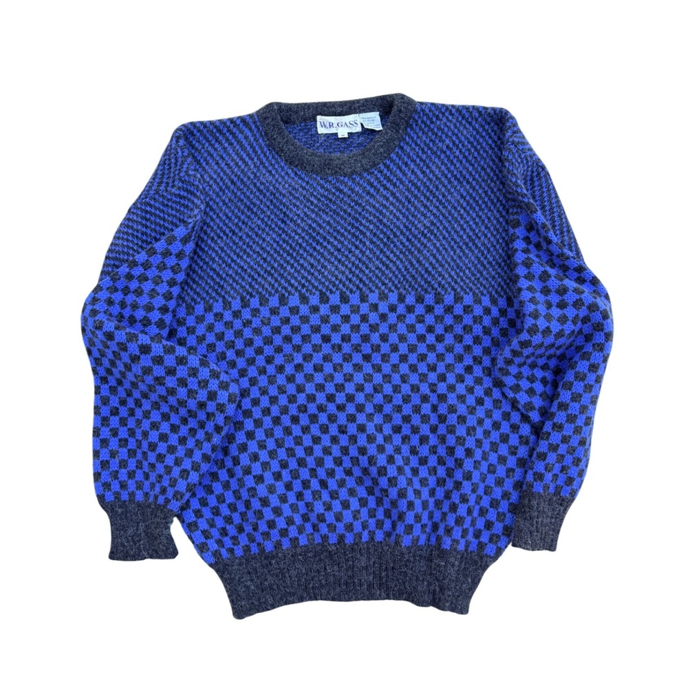 WR GASS‎ Vintage 90s Mens Blue Grey Geometric Checkerboard Knit Sweater Size M